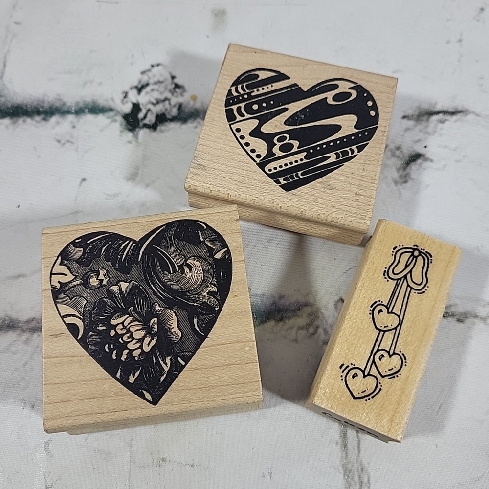 Rubber Stamps Lot Of 3 Hearts Love Valentines Romance Wood Mounted